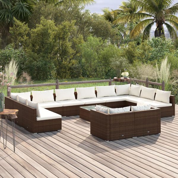 vidaXL Salon de jardin 13 pcs avec coussins Marron R&eacute;sine tress&eacute;e