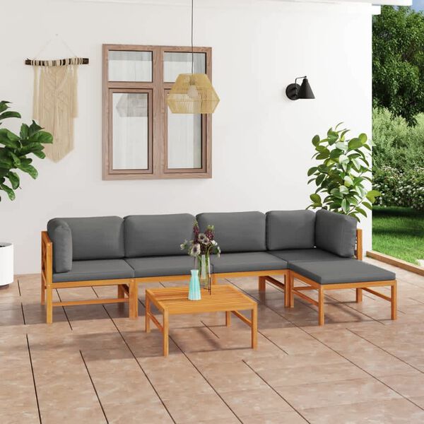 vidaXL Salon de jardin 6 pcs avec coussins gris Bois de teck solide