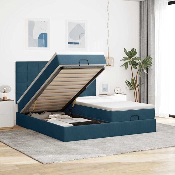 vidaXL Cadre de lit ottoman avec matelas bleu fonc&eacute; 200x200 cm velours
