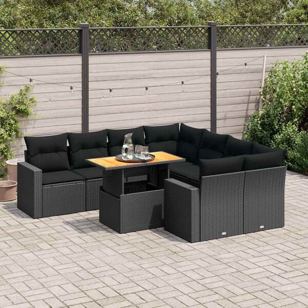 vidaXL Salon de jardin 9 pcs avec coussins noir r&eacute;sine tress&eacute;e