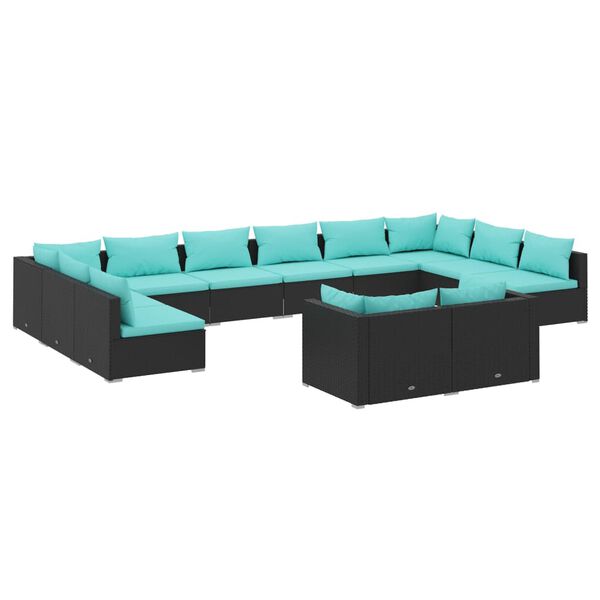 vidaXL Salon de jardin 12 pcs avec coussins Noir R&eacute;sine tress&eacute;e