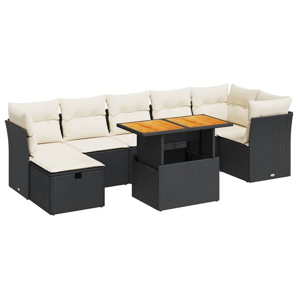 vidaXL Salon de jardin avec coussins 8 pcs noir r&eacute;sine tress&eacute;e acacia