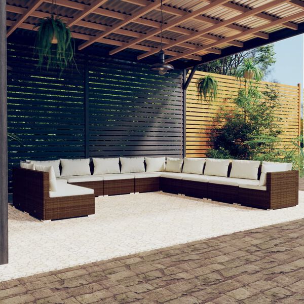 vidaXL Salon de jardin 11 pcs avec coussins marron r&eacute;sine tress&eacute;e