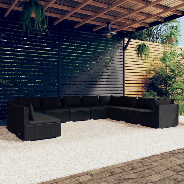 vidaXL Salon de jardin 10 pcs avec coussins noir r&eacute;sine tress&eacute;e