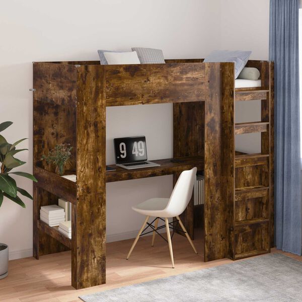 vidaXL Cadre de lit superpos&eacute; avec bureau Ch&ecirc;ne fum&eacute; 90 x 200 cm