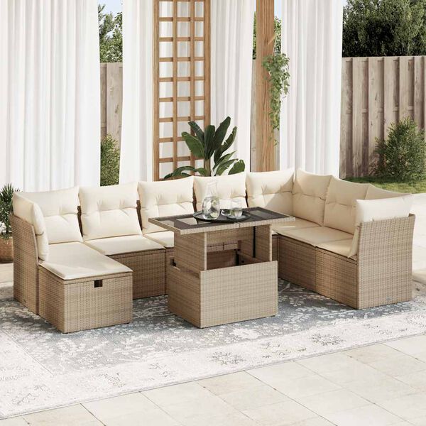 vidaXL Salon de jardin avec coussins 9 pcs beige r&eacute;sine tress&eacute;e
