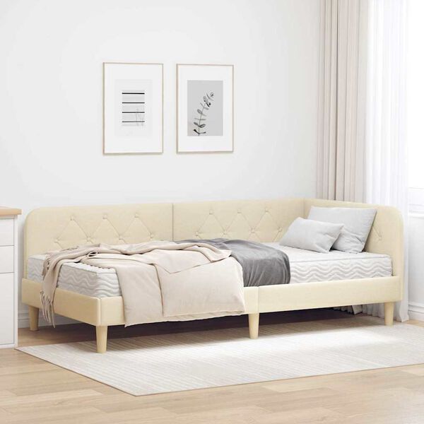 vidaXL Cadre de lit d'angle avec matelas Cr&egrave;me 90 x 190 cm tissu