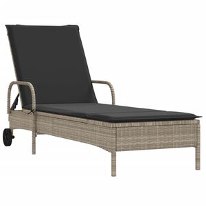 vidaXL Chaise longue avec roues et coussins gris clair r&eacute;sine tress&eacute;e