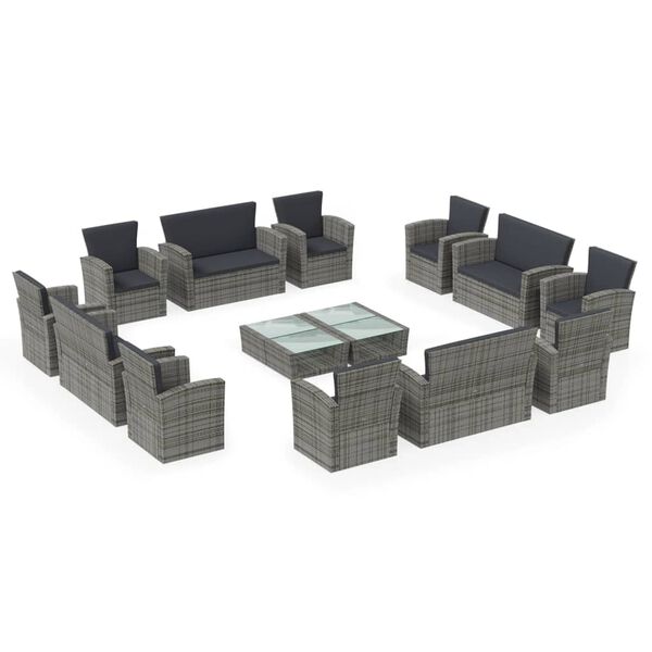 vidaXL Salon de jardin 16 pcs avec coussins Résine tressée Gris