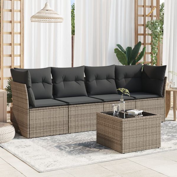 vidaXL Salon de jardin 5 pcs avec coussins gris résine tressée