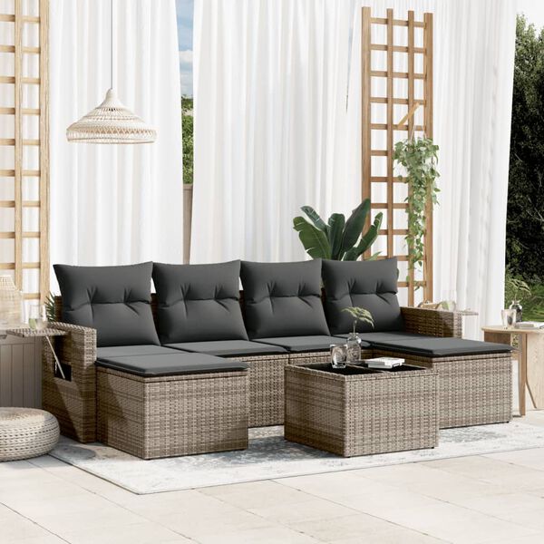 vidaXL Salon de jardin avec coussins 7 pcs gris r&eacute;sine tress&eacute;e