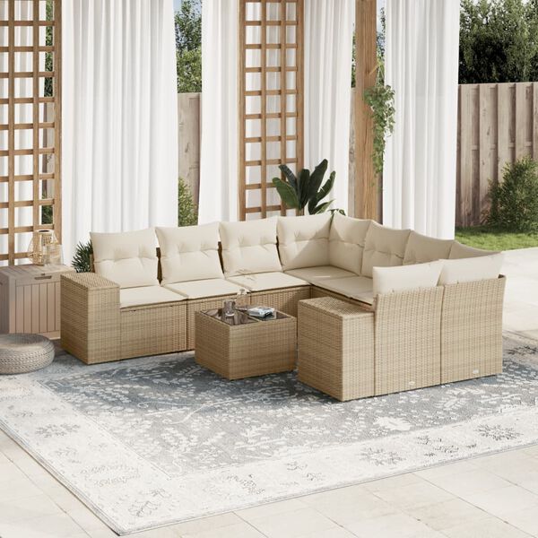vidaXL Salon de jardin avec coussins 9 pcs beige r&eacute;sine tress&eacute;e