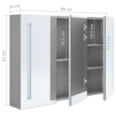 vidaXL Armoire de salle de bain à miroir LED Gris béton 89x14x62 cm