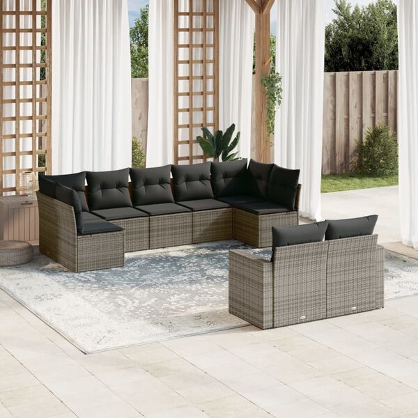 vidaXL Salon de jardin 9 pcs avec coussins gris r&eacute;sine tress&eacute;e