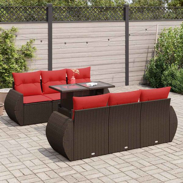 vidaXL Salon de jardin avec coussins 7pcs marron r&eacute;sine tress&eacute;e acacia
