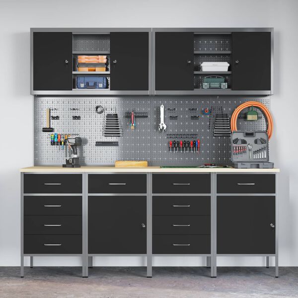 vidaXL Placard de travail 10 pcs Noir Bois d'ing&eacute;nierie et acier