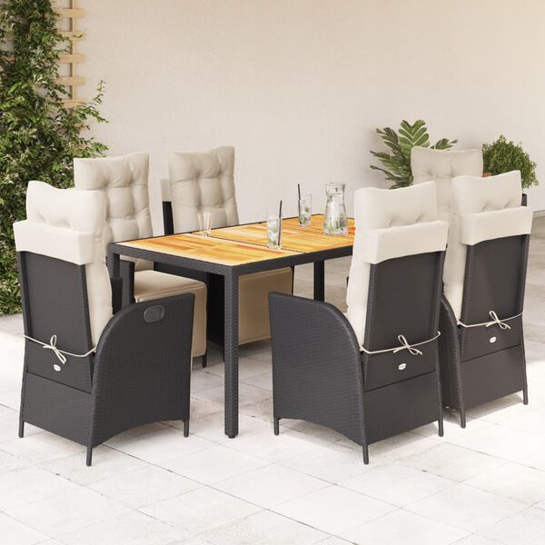 vidaXL Ensemble &agrave; manger de jardin coussins 7pcs Noir R&eacute;sine tress&eacute;e