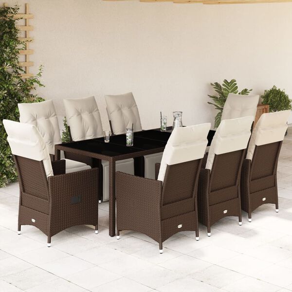 vidaXL Ensemble de bistro de jardin 9 pcs coussins marron poly rotin