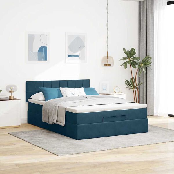 vidaXL Cadre de lit ottoman avec matelas bleu fonc&eacute; 140x200 cm velours