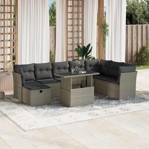 vidaXL Salon de jardin 9 pcs avec coussins gris clair r&eacute;sine tress&eacute;e
