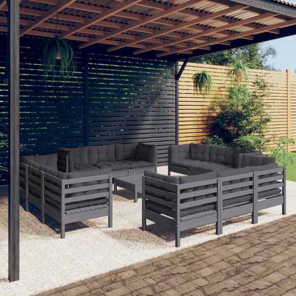 vidaXL Salon de jardin 13 pcs avec coussins anthracite bois de pin
