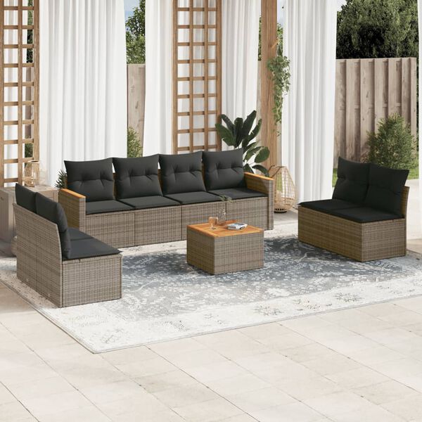 vidaXL Salon de jardin 9 pcs avec coussins gris résine tressée