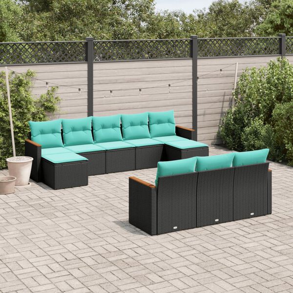vidaXL Salon de jardin 10 pcs avec coussins noir r&eacute;sine tress&eacute;e