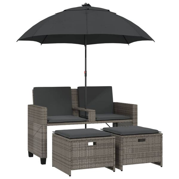 vidaXL Canapé de jardin 2 places avec parasol et tabourets gris rotin