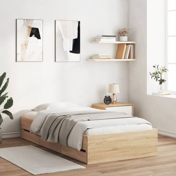 vidaXL Cadre de lit avec tiroirs sans matelas chêne sonoma 90x200 cm