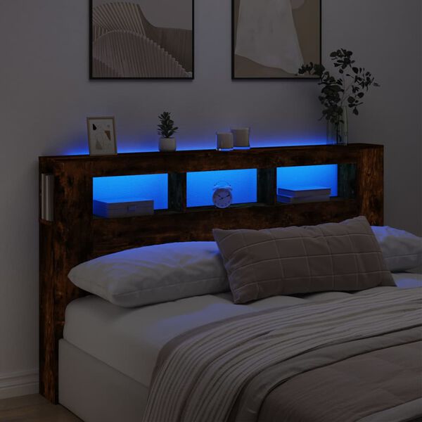 vidaXL T&ecirc;te de lit &agrave; LED ch&ecirc;ne fum&eacute; 180x18,5x103,5cm bois d'ing&eacute;nierie