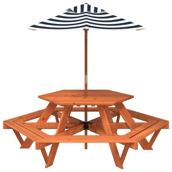 vidaXL Table de pique-nique pour 6 enfants avec parasol hexagone sapin
