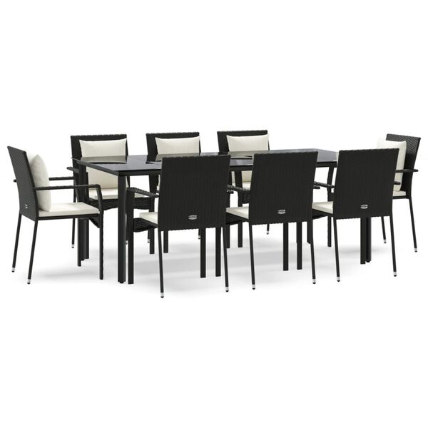 vidaXL Ensemble &agrave; manger jardin 9pcs et coussins noir r&eacute;sine tress&eacute;e
