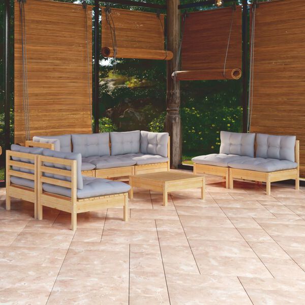 vidaXL Salon de jardin 8 pcs avec coussins gris Bois de pin massif