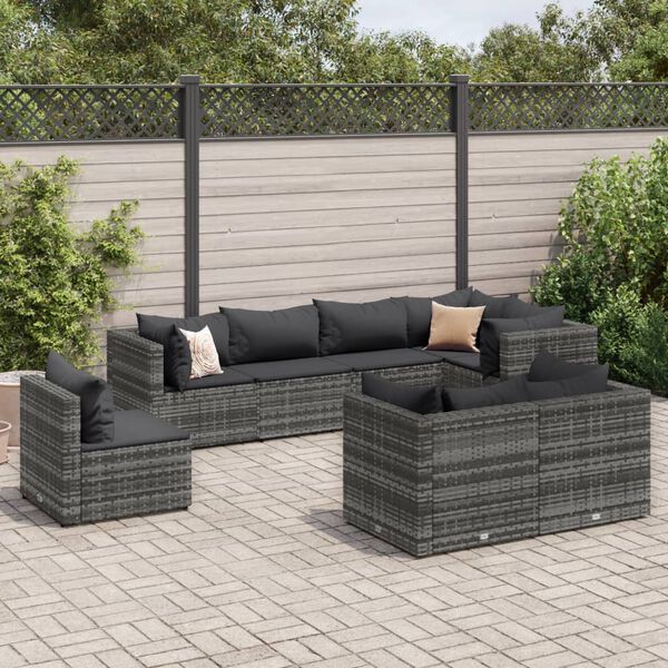 vidaXL Salon de jardin 8 pcs avec coussins Gris R&eacute;sine tress&eacute;e