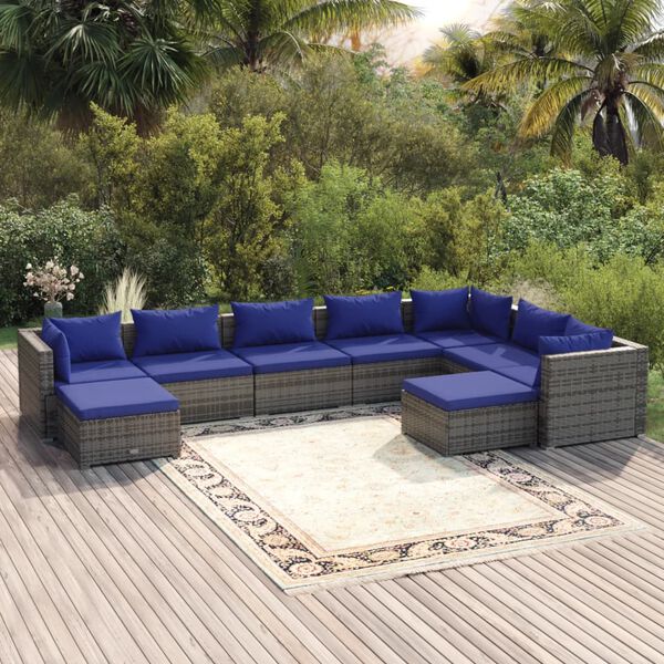 vidaXL Salon de jardin 9 pcs avec coussins Résine tressée Gris