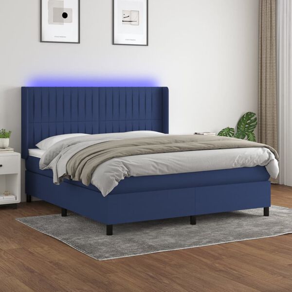 vidaXL Sommier &agrave; lattes de lit matelas et LED Bleu 160x200 cm Tissu