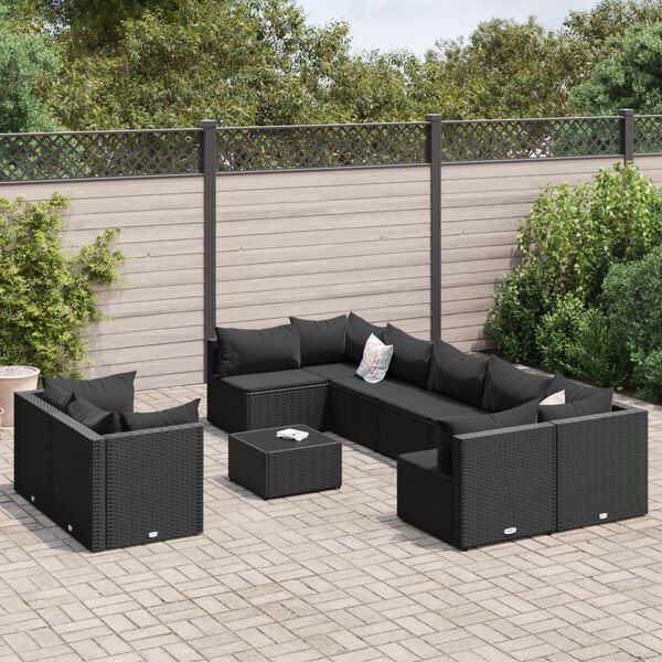 vidaXL Salon de jardin 9 pcs avec coussins noir résine tressée