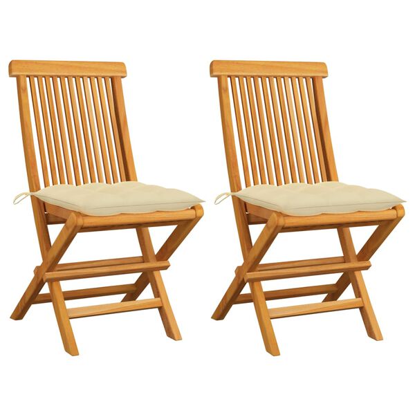 vidaXL Chaises de jardin lot de 2 et coussins blanc cr&egrave;me Teck massif