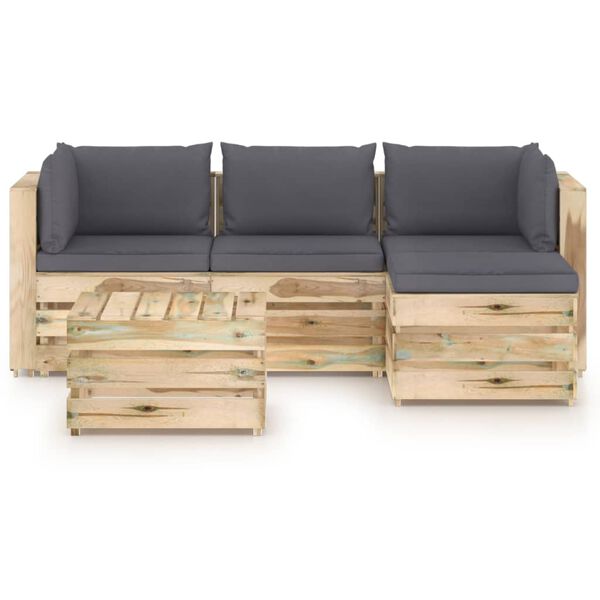 vidaXL Salon de jardin 5 pcs avec coussins Bois impr&eacute;gn&eacute; de vert