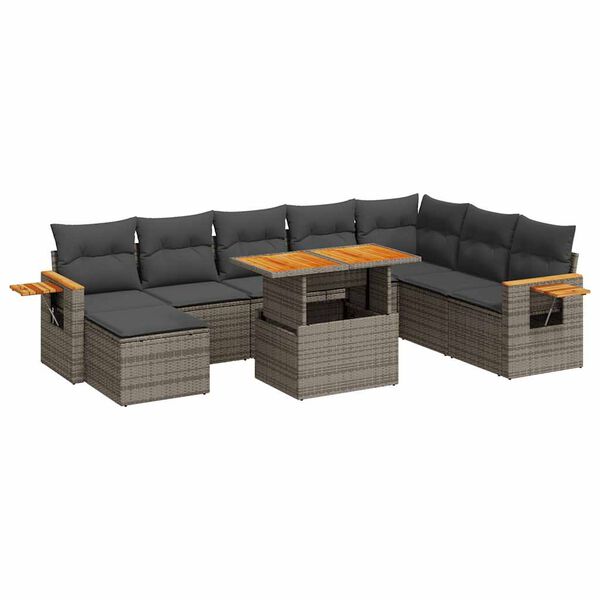 vidaXL Salon de jardin avec coussins 9 pcs gris r&eacute;sine tress&eacute;e acacia