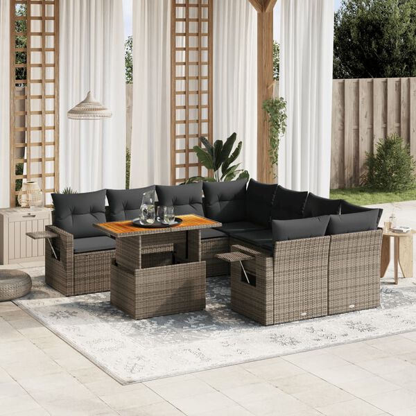 vidaXL Salon de jardin 9 pcs avec coussins gris r&eacute;sine tress&eacute;e