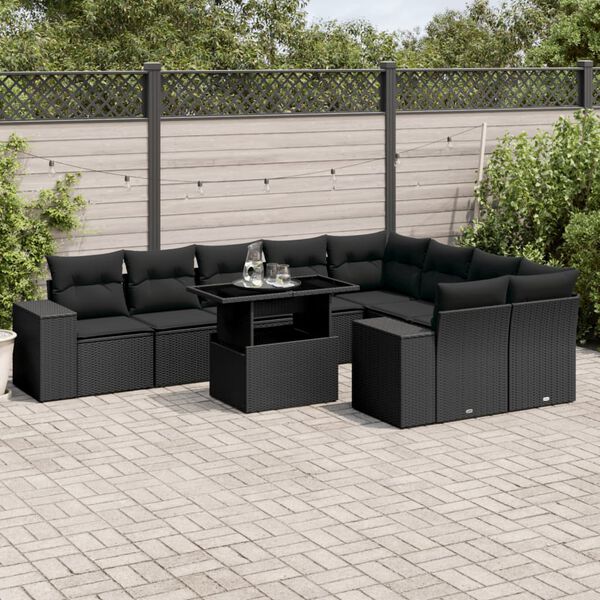 vidaXL Salon de jardin 10 pcs avec coussins noir r&eacute;sine tress&eacute;e