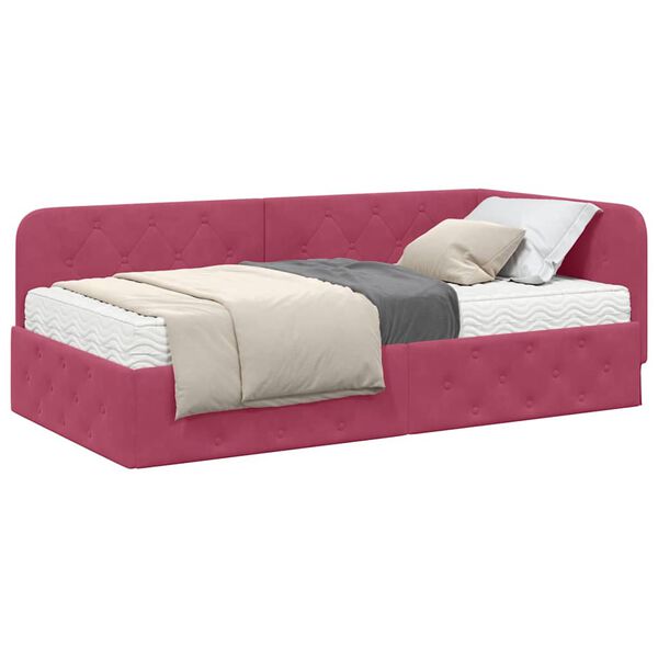 vidaXL Cadre de lit d'angle avec matelas Bordeaux 90 x 200 cm Velours