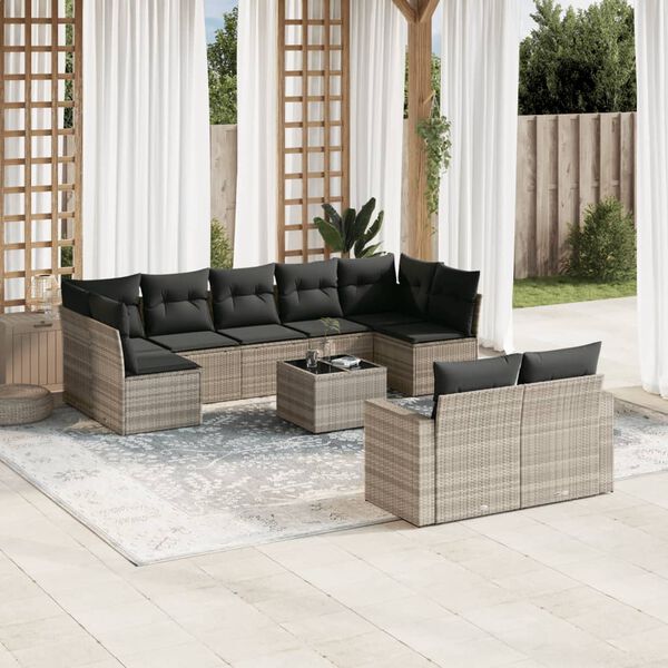 vidaXL Salon de jardin avec coussins 10 pcs gris clair r&eacute;sine tress&eacute;e