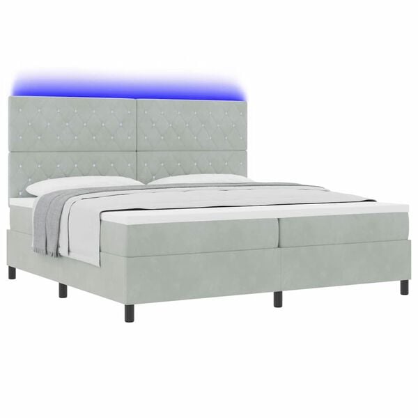 vidaXL Lit &agrave; ressort LED avec matelas Gris clair 200 x 200 cm Velours
