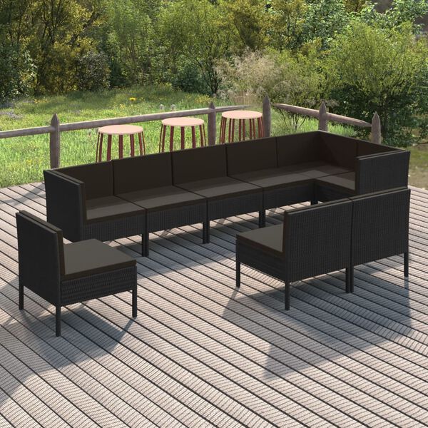 vidaXL Salon de jardin 9 pcs avec coussins Résine tressée Noir