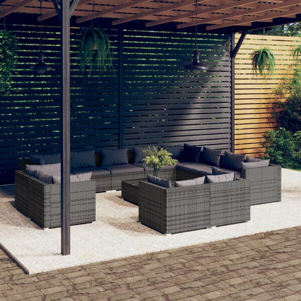 vidaXL Salon de jardin 13 pcs avec coussins Gris R&eacute;sine tress&eacute;e