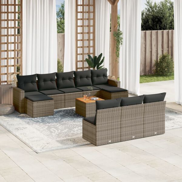 vidaXL Salon de jardin 11 pcs avec coussins gris r&eacute;sine tress&eacute;e