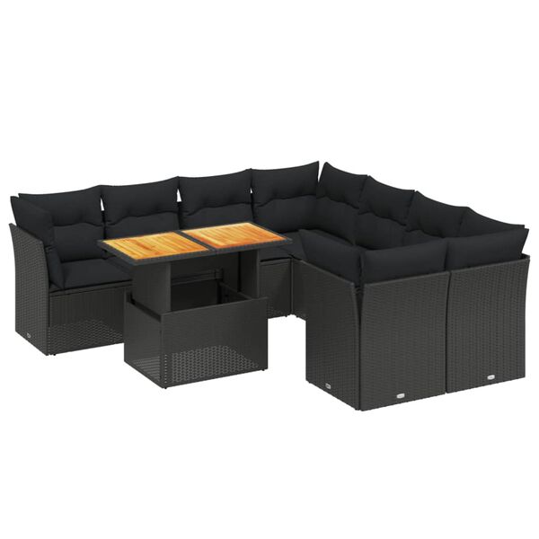 vidaXL Salon de jardin 9 pcs avec coussins noir r&eacute;sine tress&eacute;e