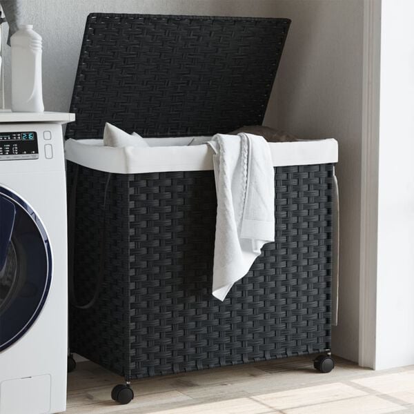 vidaXL Panier &agrave; linge avec roulettes noir 60x35x60,5 cm r&eacute;sine tress&eacute;e